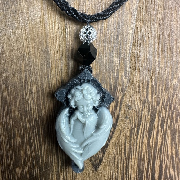 Jewelry - Tai Chi Stone Angel Pendant Necklace on Black Rope